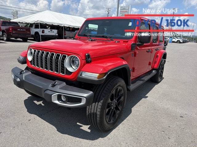 2025 Jeep Wrangler 4xe Sahara in Firecracker Red Clearcoat — front three-quarter view